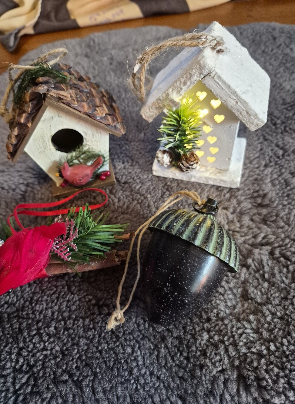 Rustic White Birdhouse and Black Acorn Holiday Ornament Set